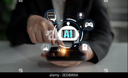 Innovative Technology Concept with AI Communication and Interactive Digital Elements on Mobile Device for Future Applications in Business and Daily Stock Photo