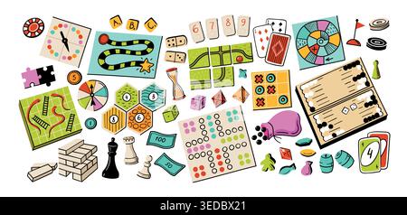 Board game cartoon games for tabletop strategy and family leisure, colorful vector set with dice, cards, domino, snake and ladder, tic tac toe, ludo Stock Vector