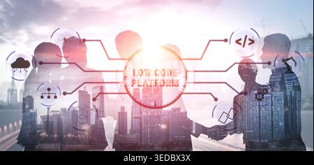 Professionals Collaborating on Low Code Platform Development in Urban Setting with Cityscape Background and Abstract Digital Graphics Quark. Stock Photo