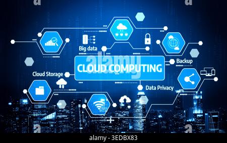 A modern illustration of cloud computing featuring thematic icons for big data, cloud storage, backup, and data privacy against a futuristic city Stock Photo