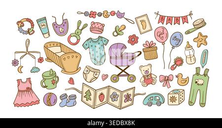 Baby shower cute hand drawn newborn icons for girl and boy gender reveal party, colorful vector set with stroller, cradle, teddy, bottle, pacifier Stock Vector