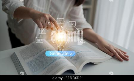 A person engages with an open book as digital icons emerge, symbolizing the intersection of learning, technology, and creativity in a modern workspace Stock Photo