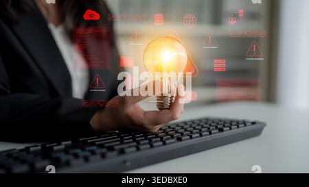 A business professional holds a light bulb representing innovation in a modern workspace, surrounded by digital elements that signify creativity and Stock Photo