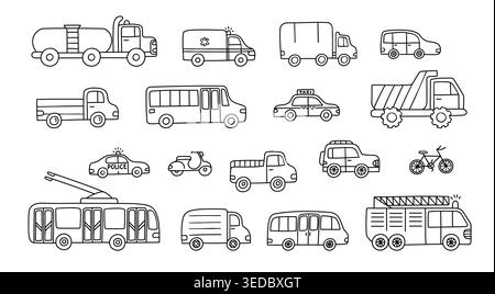 City transport doodle vector set with car, truck, van, bus, taxi, police car, trolleybus, ambulance, firetruck, bicycle and scooter, hand drawn urban Stock Vector