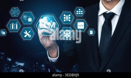 Large Language Model LLM processing data. Represents deep text learning, natural language processing NLP AI tech, transformer architecture, and Stock Photo