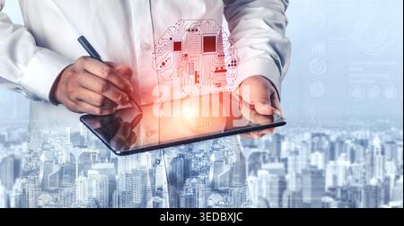 Man in White Shirt Using Tablet with Abstract Brain Technology Display Over City Skyline in Background Haptic. Stock Photo