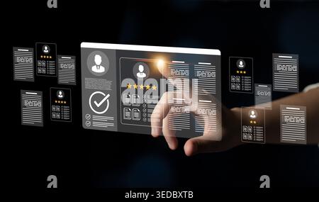 An advanced digital interface showcases holographic documents and user profiles, illustrating modern data handling and review processes in a tech Stock Photo
