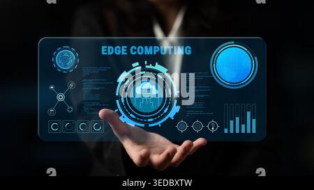 Edge computing technology for decentralized data processing and analysis. This solution improves speed and reliability by processing data locally Stock Photo