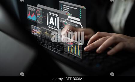 Hands Typing on Keyboard with AI Analytics and Graphs Displayed in Transparent Screens for Business and Technology Concept Quark. Stock Photo