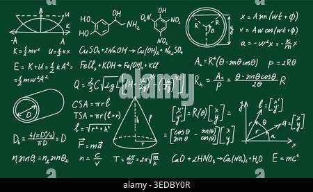 Blackboard with math and science formulas, chalk handwritten equations, geometry, chemistry and physics diagrams on green chalkboard, educational Stock Vector