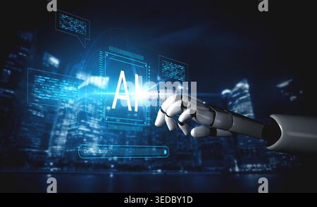 A futuristic robot hand reaches toward an artificial intelligence interface, highlighting the synergy of technology and innovation in a digital urban Stock Photo