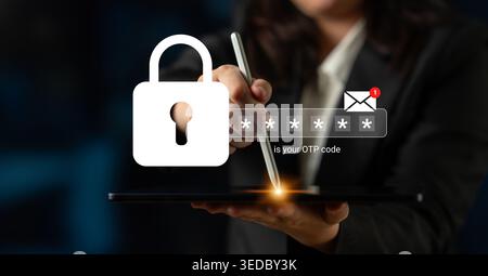 Modern technology concept showcasing user inputting one-time password on tablet, emphasizing online security and digital authentication for safe Stock Photo