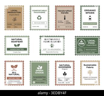 Eco labels and stickers for organic packaging, vintage vector set of natural product tags and compostable badges with recyclable, vegan and Stock Vector