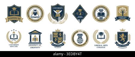 University and college emblems with academic shields, badges and seals, premium education vector set featuring book, owl, torch, laurel wreath, crown Stock Vector