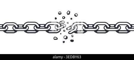 Broken chain links with snapping metal connection, monochrome vector illustration of rupture and freedom symbol, bold line design for tattoo Stock Vector