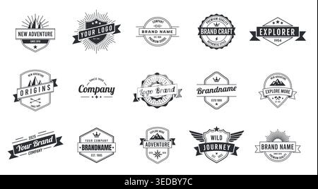 Vintage badge and emblem vector set with retro logo templates, monochrome branding labels and adventure crests featuring ribbons, shields, mountains Stock Vector