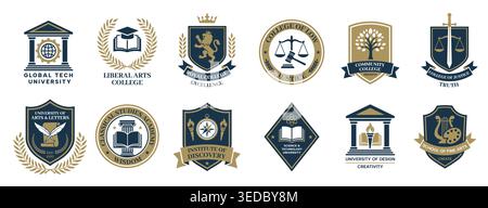 University and college emblems with academic shields, vintage vector set of education badges featuring law, arts, science and community symbols in Stock Vector