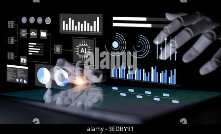 A robotic hand interacts with a sleek digital interface showcasing data visualizations and analytics, representing the future of artificial Stock Photo