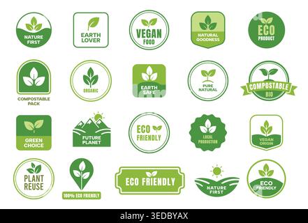 Eco labels and badges vector set with organic, vegan and compostable stickers, green natural product icons for sustainable packaging, local production Stock Vector