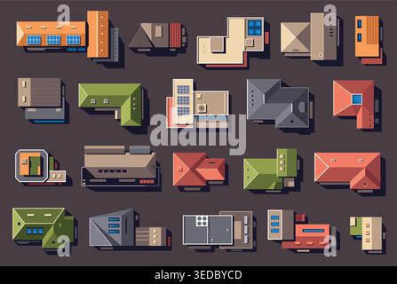 Top view buildings and houses vector set with colorful rooftops, residential homes and urban architecture icons, overhead collection of property Stock Vector