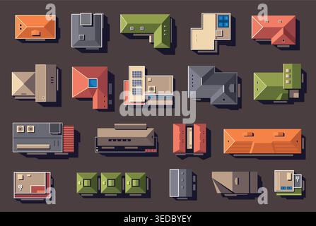 op view buildings and roofs vector set with colorful houses, warehouses and industrial rooftops, aerial collection of residential and commercial Stock Vector
