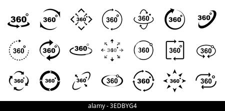 360 rotation icons with circular arrows, vector set of panoramic view and spin symbols for virtual tour, refresh, navigation, product preview and Stock Vector