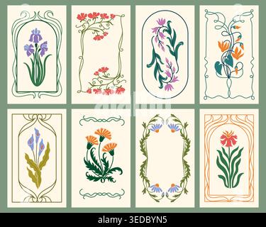 Art nouveau floral cards with botanical flowers and decorative frames, colorful vector set of vintage flower borders for invitation, greeting card Stock Vector