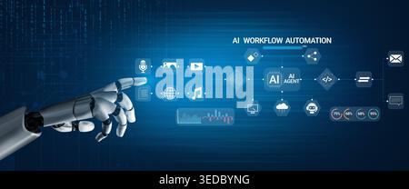 Futuristic Robotic Hand Interacting with Digital Icons Representing AI Workflow Automation and Advanced Technology Concepts Haptic. Stock Photo