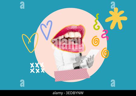 Collage of a business woman holding a tablet with a mouth in the head on a pink circle on a blue background Stock Photo