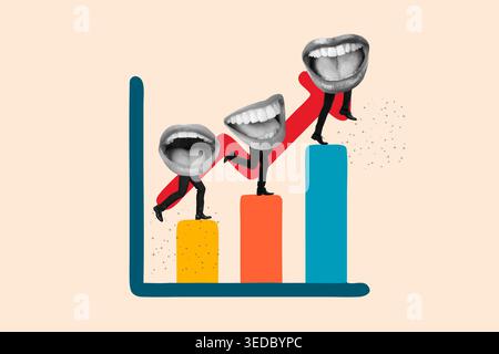 Collage of three men legs with a big mouth in the head standing on a ascending bar chart on a pink background Stock Photo