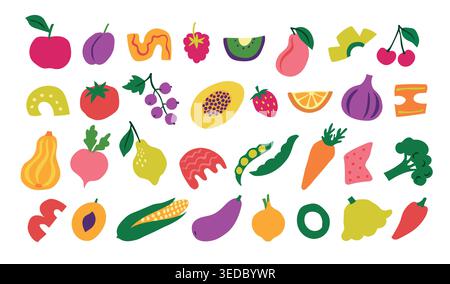 Fruits and vegetables vector set with colorful healthy food icons, flat collection of fresh organic produce including apple, tomato, carrot, broccoli Stock Vector