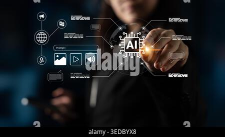 A person interacts with a virtual AI icon amidst a futuristic digital landscape, showcasing the convergence of technology and user interaction in Stock Photo