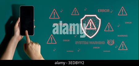 A person interacts with a smartphone as colorful warning symbols and error alerts appear in the background, illustrating a technological dilemma in a Stock Photo