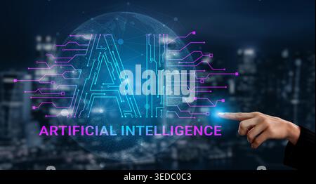 Futuristic Concept of Artificial Intelligence with Digital Interface and Hand Gesture Over City Skyline at Night Haptic. Stock Photo