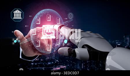 Futuristic Interaction Between Human Hand and Robotic Hand with Digital Interface Displaying Data and Financial Symbols Concept Fluxor. Stock Photo