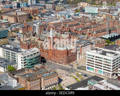 LIVERPOOL, MERSEYSIDE, ENGLAND - APRIL 16, 2026: Aerial view, iconic red brick Victoria Building and clock tower on the University of Liverpool campus Stock Photo