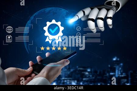 A captivating digital scene featuring a robotic hand reaching for a mobile device, symbolizing innovation in quality assurance and technology in a Stock Photo