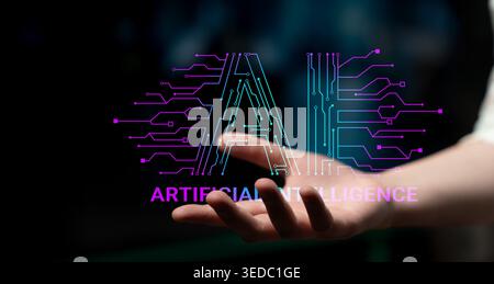 Futuristic hand holding glowing artificial intelligence symbols, digital technology concept with colorful circuits and modern design elements Haptic. Stock Photo
