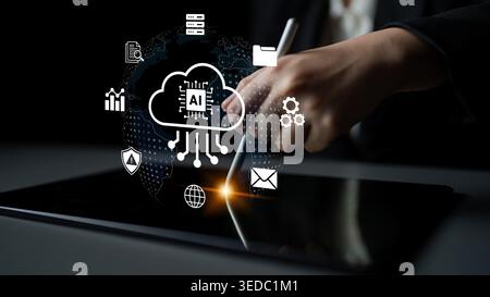 A hand is holding a digital pen over a tablet screen while icons represent cloud computing, emphasizing technology integration in modern business Stock Photo