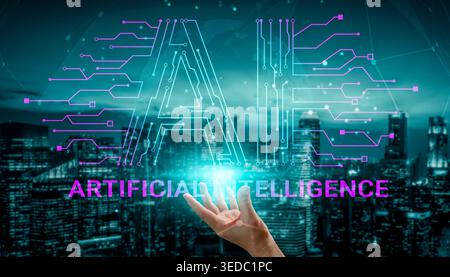 Modern Concept of Artificial Intelligence with Futuristic Technology Elements and City Background Haptic. Stock Photo
