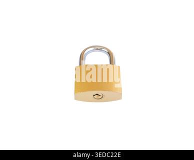 Closeup of golden padlock isolated on white background. Stock Photo