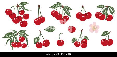 Bright red cherries cluster on stems with leaves Stock Vector