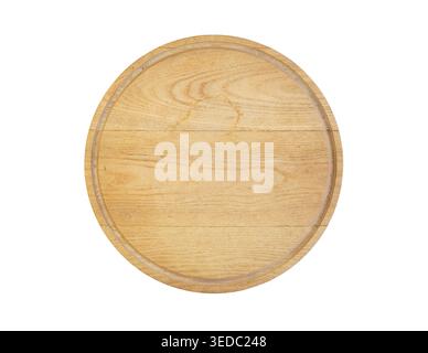 Empty Round Wooden Cutting Board Isolated on White Background. Top View. Stock Photo