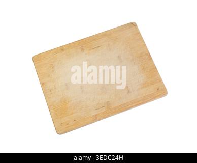 Empty Rectangular Wooden Cutting Board with Knife Marks Isolated on White Background. Stock Photo