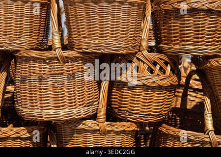 Stacked Traditional Willow Wicker Baskets Pattern Stock Photo