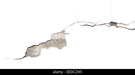 Large peeled plaster with spreading cracks isolated white background Stock Photo