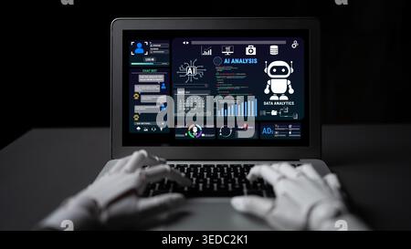 Futuristic Desktop Setup Featuring AI Technology and Data Analytics Interface with Robotic Hands Interacting with Digital Screen Fluxor. Stock Photo