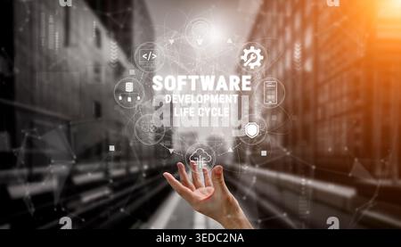 Conceptual Image of Software Development Life Cycle with Hand Reaching Out to Digital Icons Representing Process Stages and Tools in Modern Technology Stock Photo