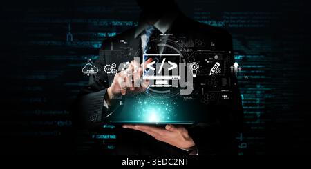 A professional web developer in a suit interacts with a digital tablet showcasing programming elements and innovative technology symbols, symbolizing Stock Photo