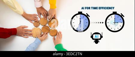 Collaborative Hands Working on Wooden Gears with AI Concept for Time Efficiency and Productivity Improvement in a Modern Workspace Quark. Stock Photo